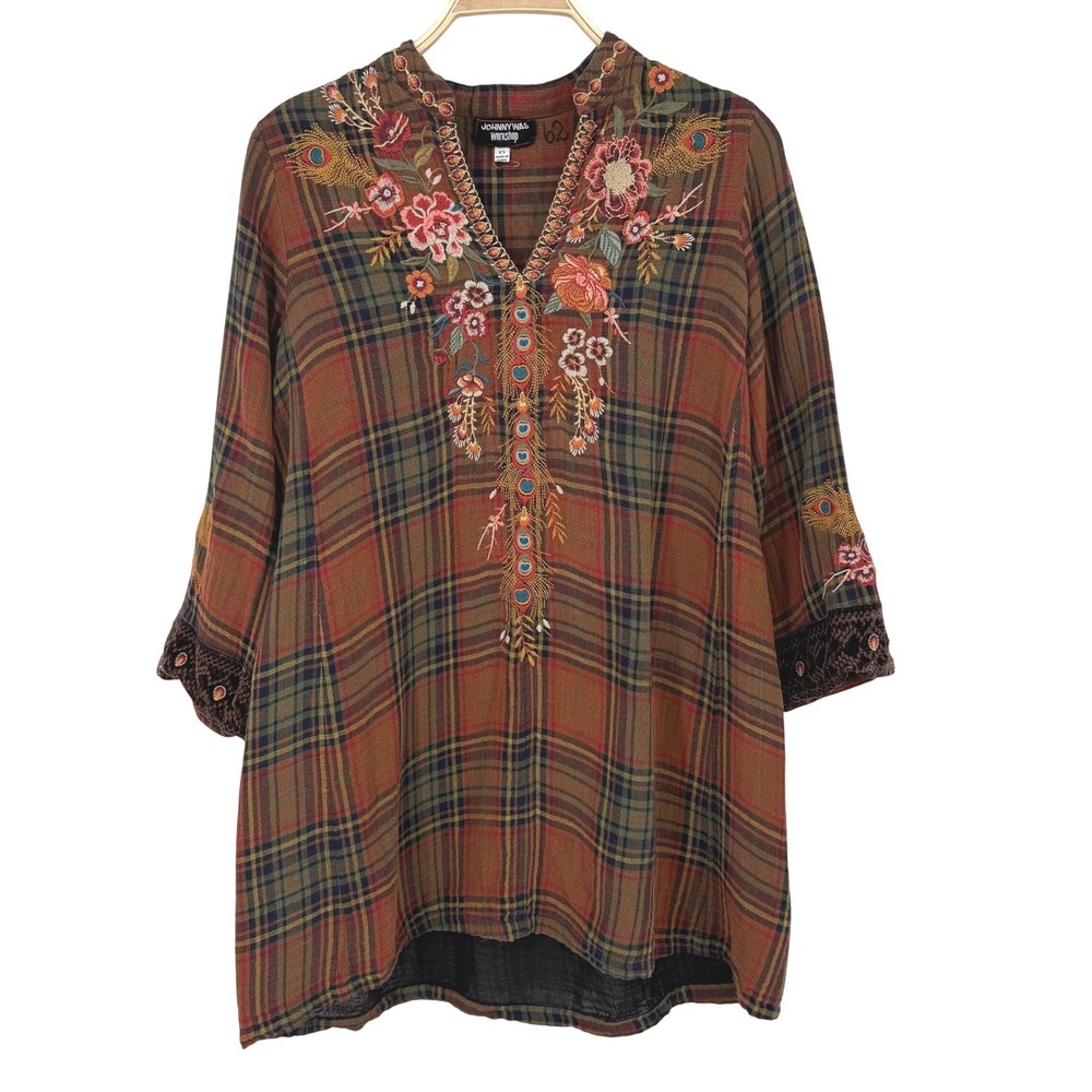 Johnny Was Workshop Tunic Womens XS Brown Plaid Good Embroidered Peacock Velvet